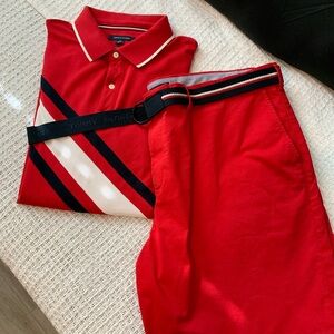 Tommy Hilfiger Red Polo and Shorts with Navy Stripes